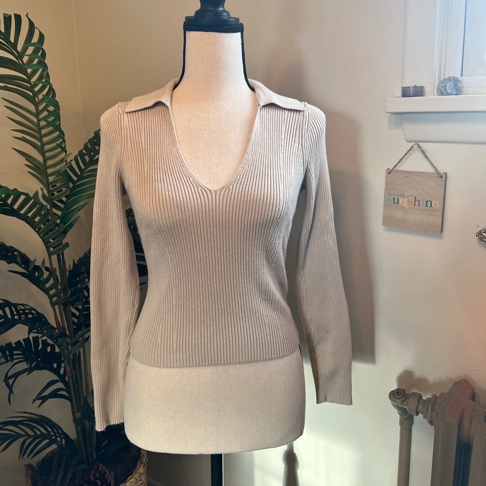 Abercrombie and Fitch A&F Beige Ribbed Collared Sweater